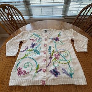 Storybook Knits Vintage Floral Butterfly Cardigan Crewel Embroidery Butterfly L